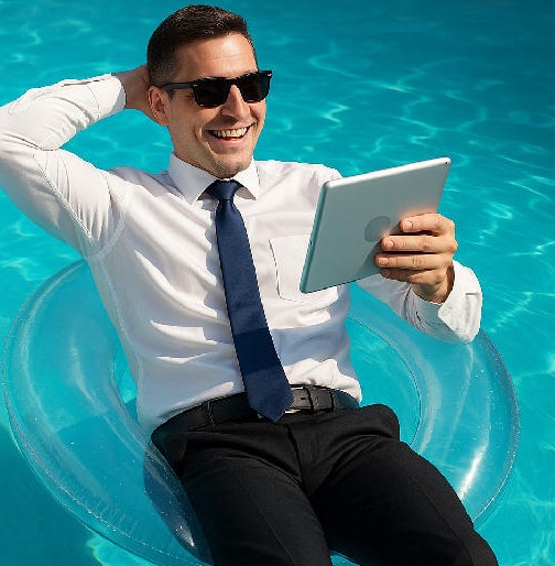 Hombre de negocios relajándose en una piscina con una tablet